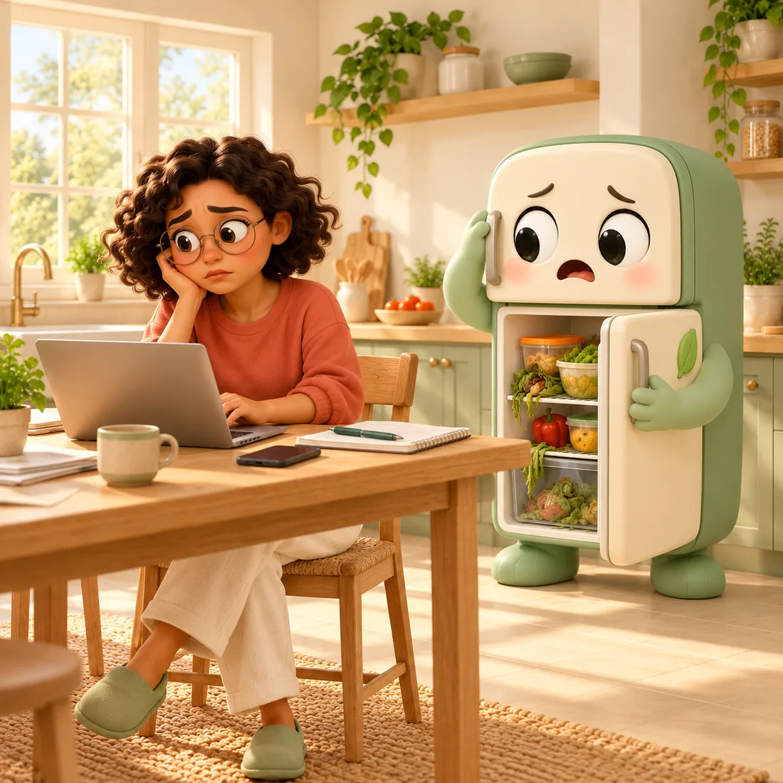 Sara sits at her laptop looking tired while a worried Fridgy holds its door open.