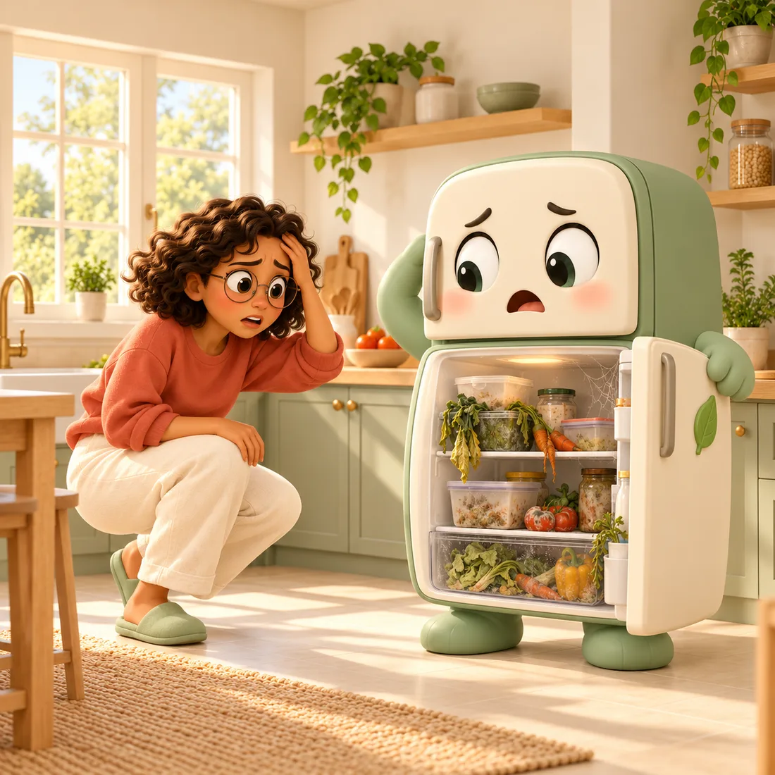 Sara crouches in front of the open fridge, staring at forgotten vegetables that have spoiled.