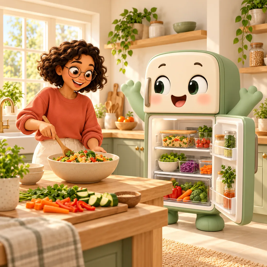 Sara happily stirs a big bowl of salad next to Fridgy, whose shelves are neatly stocked.